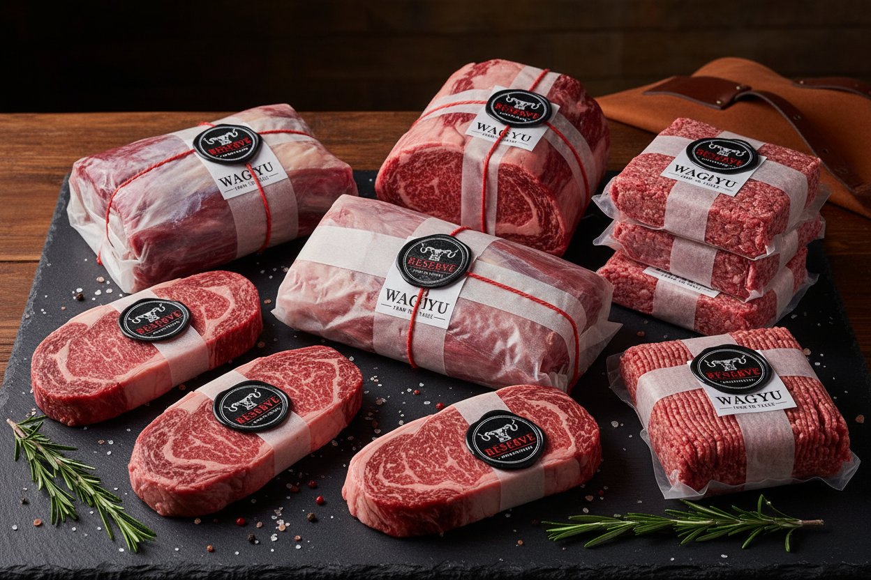 Quarter full blood Wagyu beef butchered and wrapped with all cuts