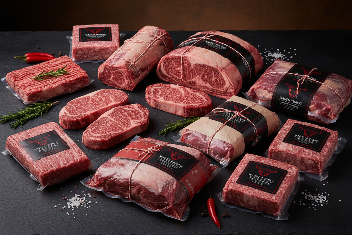 Half full blood Wagyu beef butchered and wrapped with all cuts