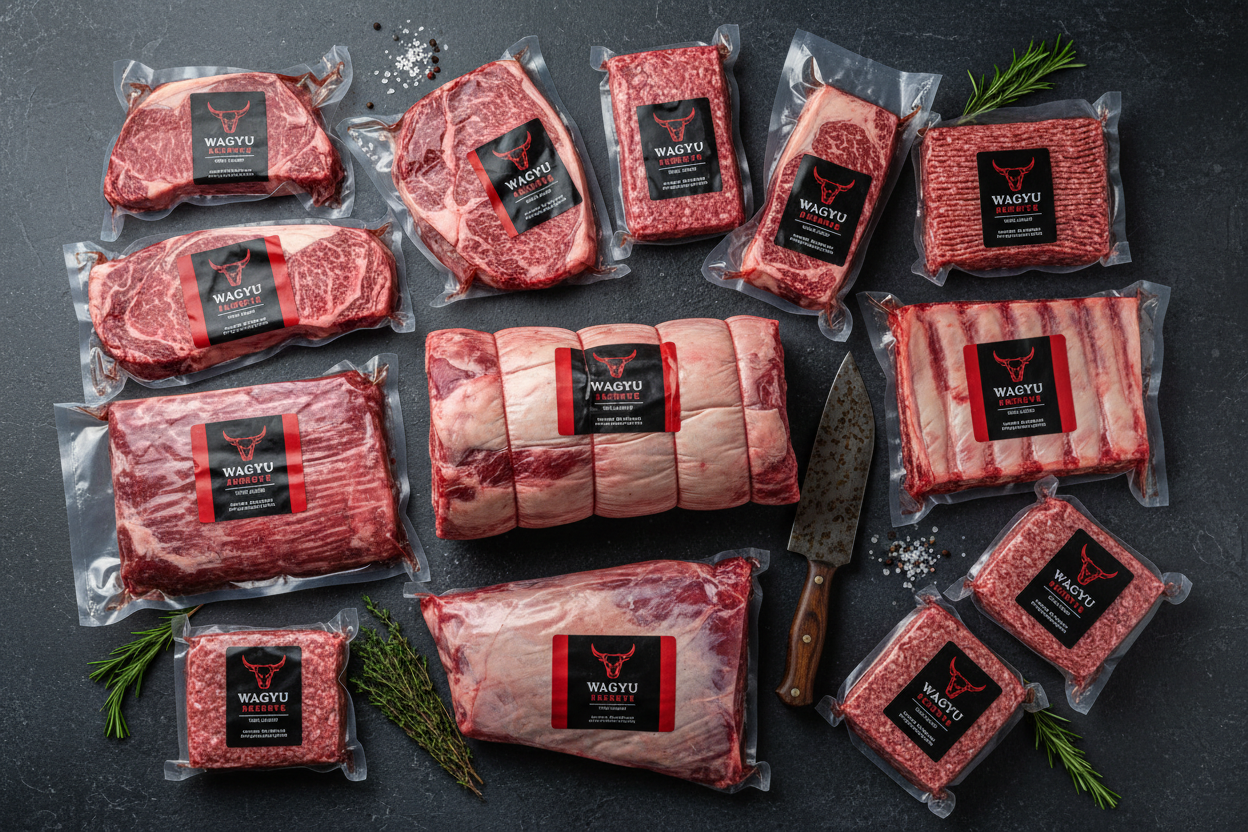 Whole full blood Wagyu beef butchered and wrapped with all cuts